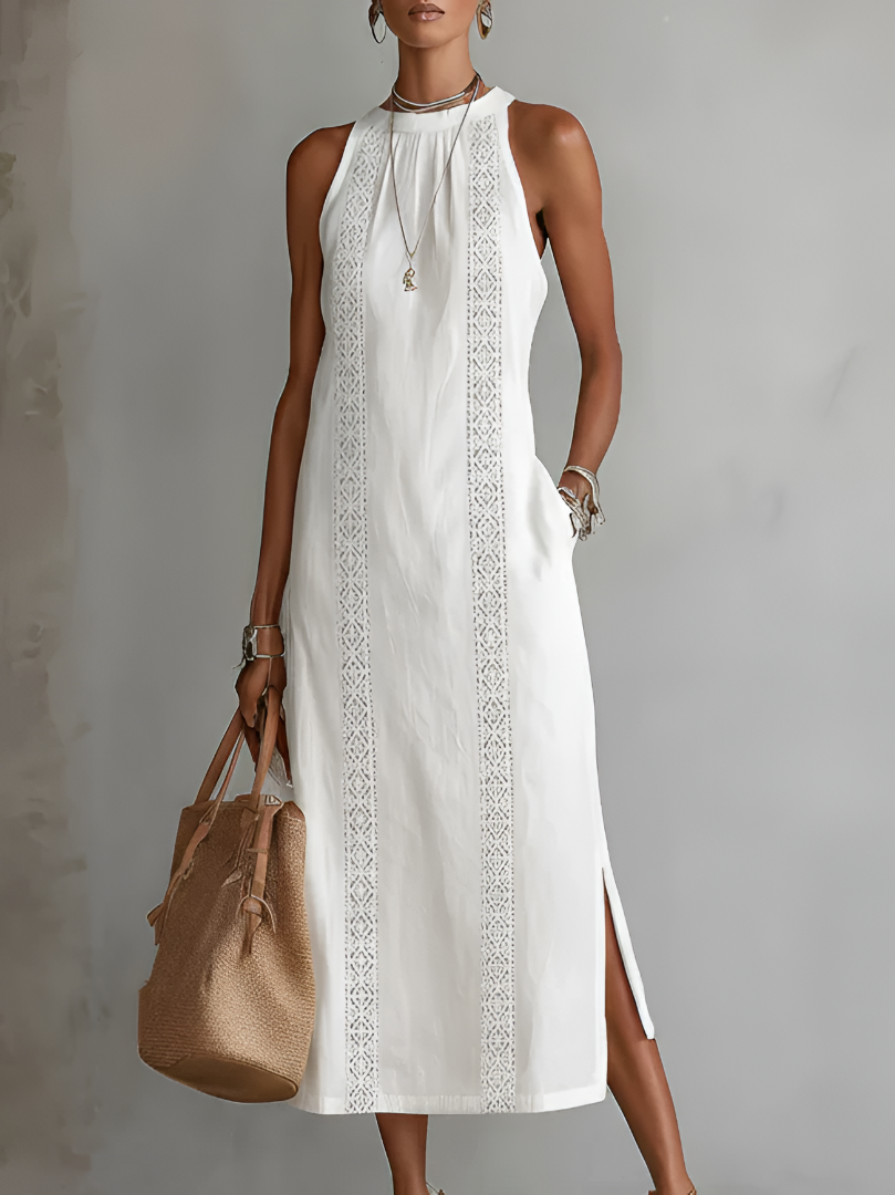 Jimena™ | Vestido midi de lino con cuello mao