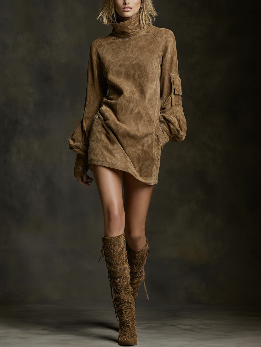 Livia ❘ Vestido mini oversize de ante con cuello alto