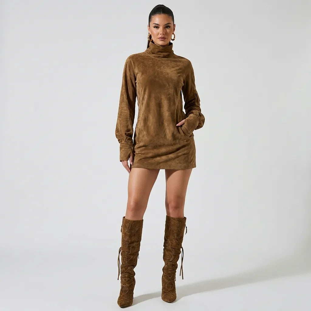 Livia ❘ Vestido mini oversize de ante con cuello alto